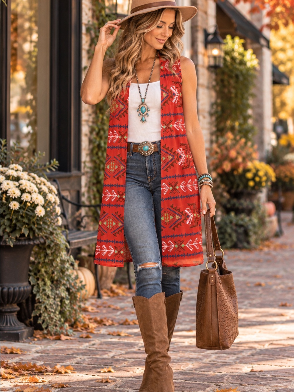 LuLaRoe Joy Vest XS Red Southwestern Geometric Boho Long Duster